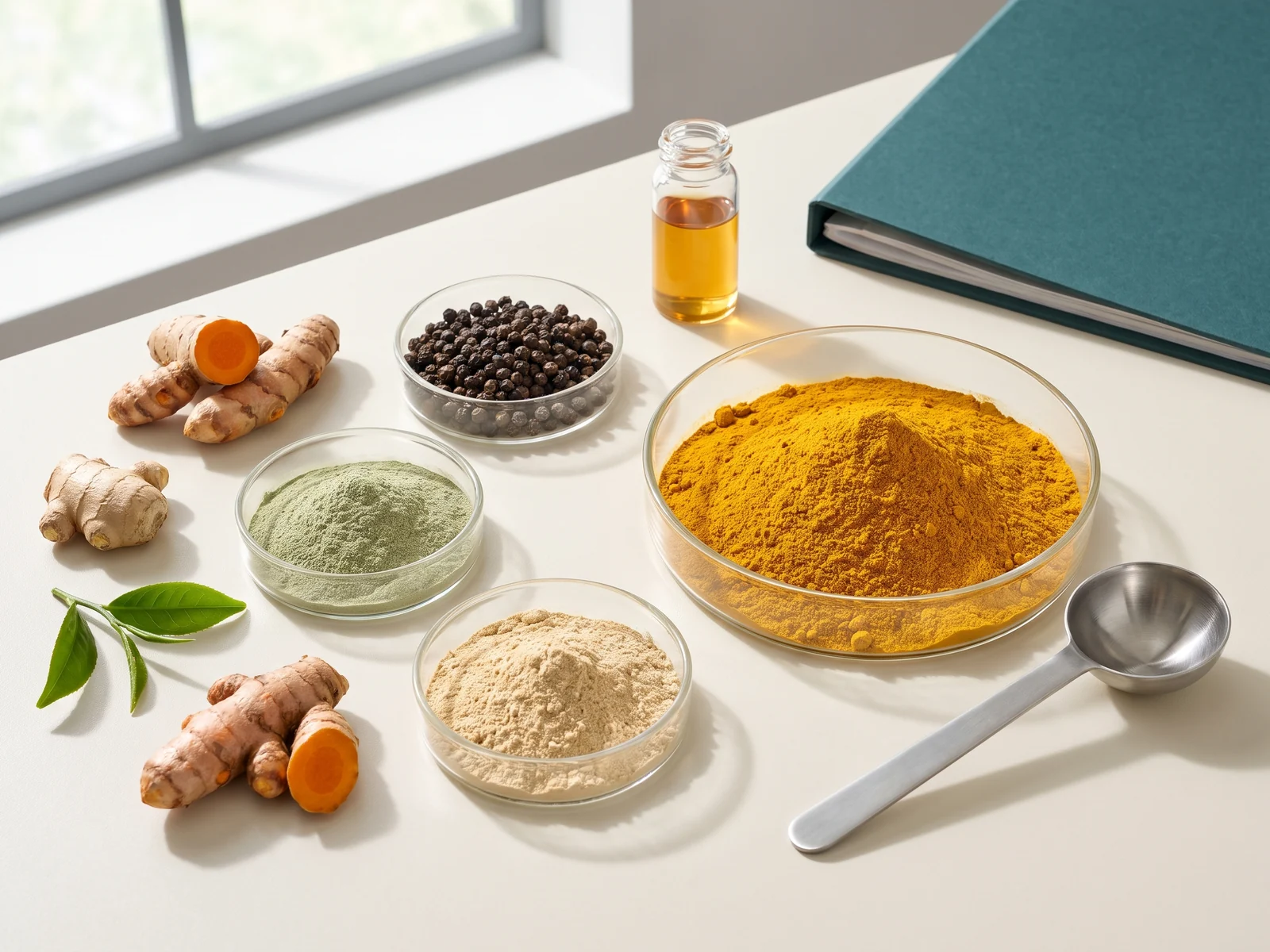 Botanical roots, leaves and extract powders presented in glass sample dishes with an amber extract vial and stainless-steel sampling scoop