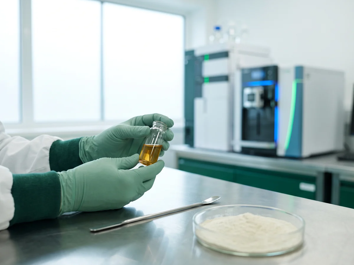 Botanical ingredient sample evaluation in a laboratory, illustrative photograph