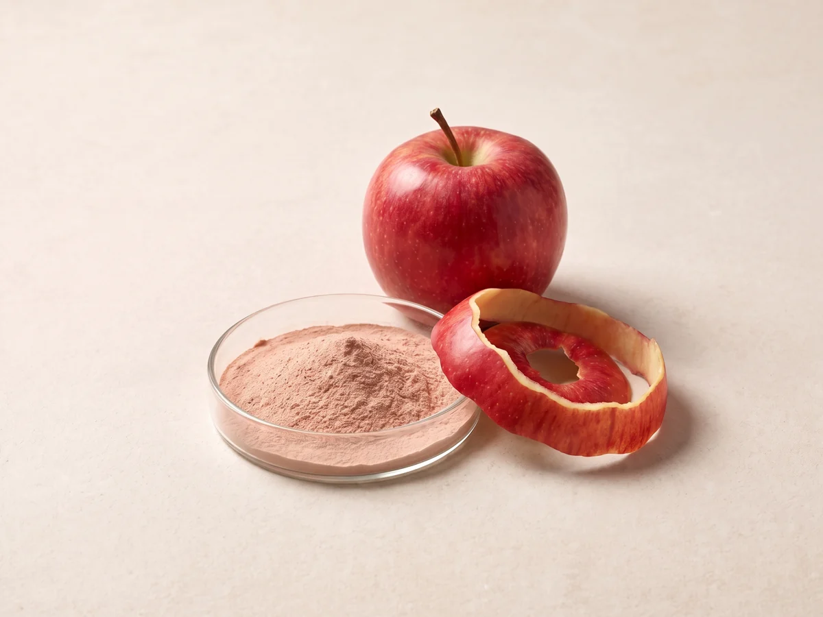 Red apple and curled apple peel with pale reddish-brown extract powder