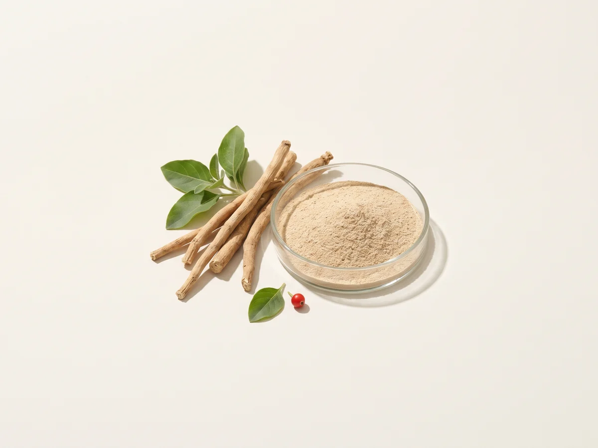 Ashwagandha roots and green leaves with beige standardized extract powder