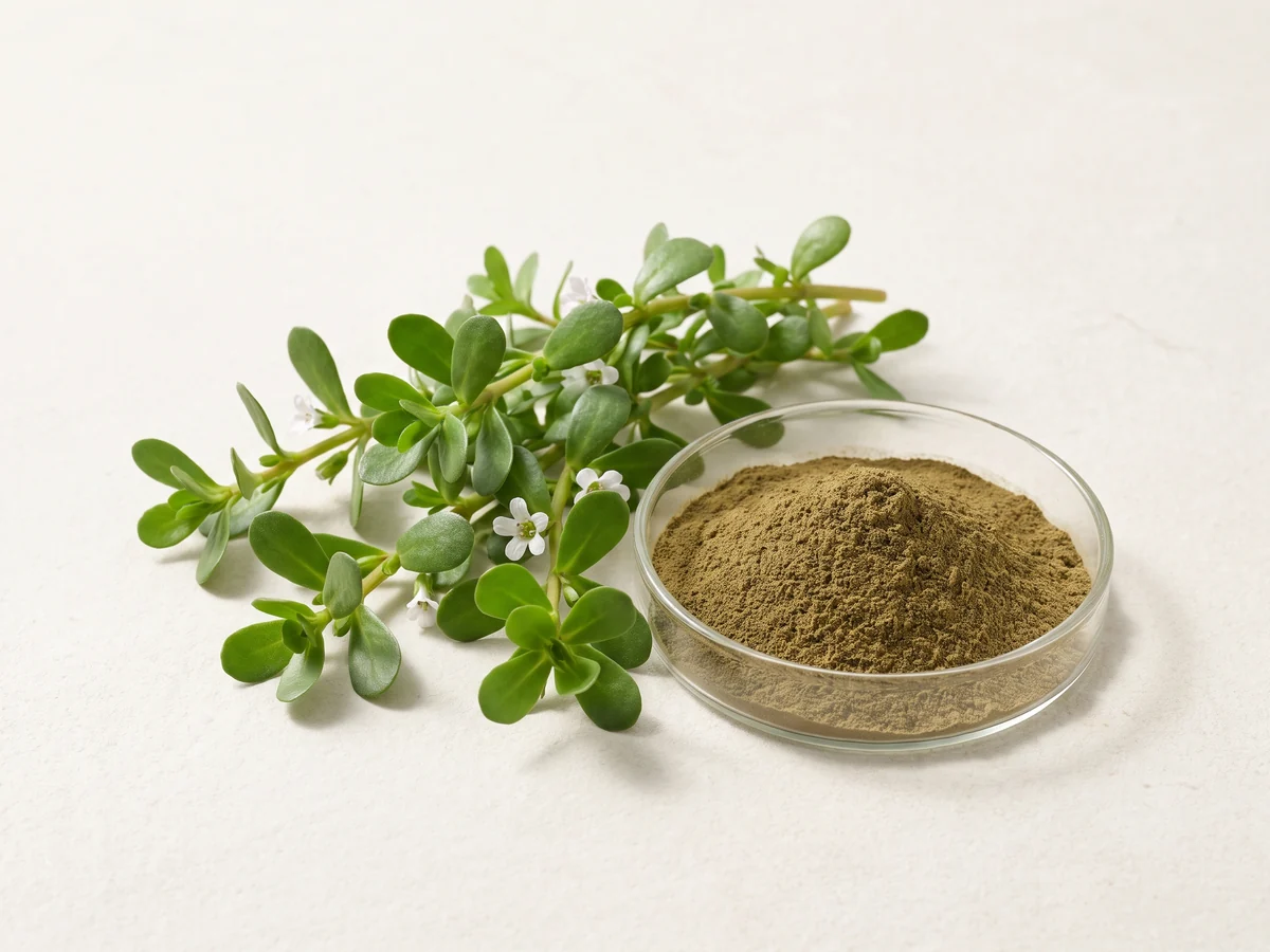 Fresh Bacopa monnieri herb with small green leaves and brown-green extract powder
