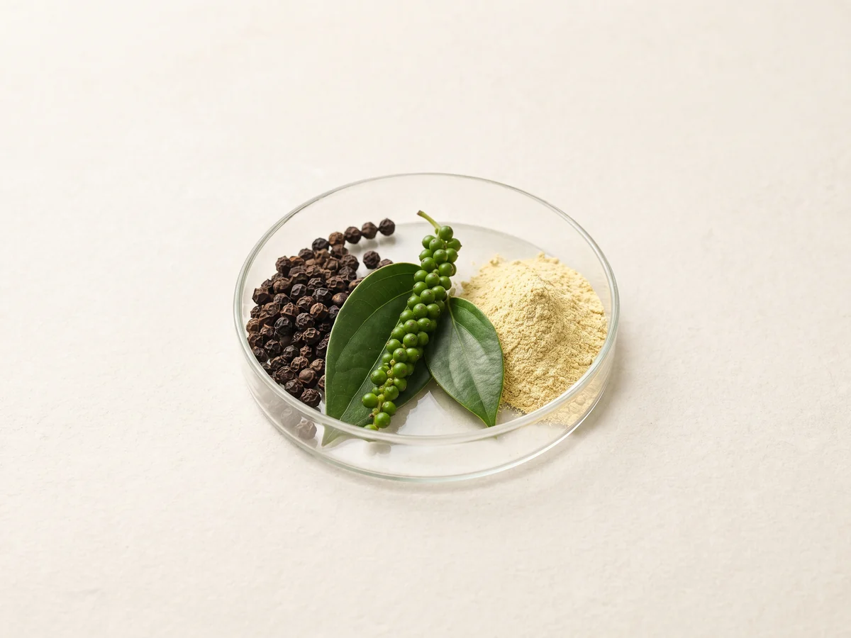 Black peppercorns and fresh pepper spike with pale yellow piperine-rich extract powder