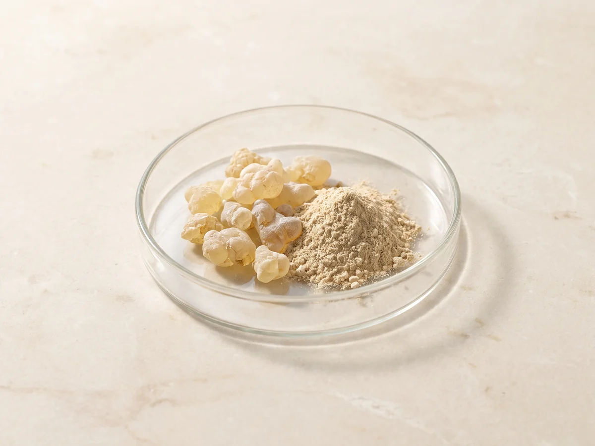 Golden Boswellia resin pieces and beige standardized extract powder in a glass dish