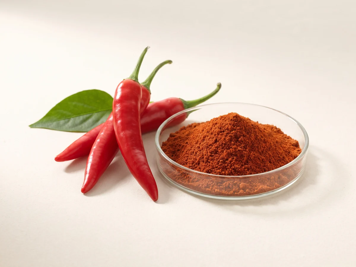 Fresh red capsicum chilli peppers and concentrated rust-red capsicum extract in a glass dish