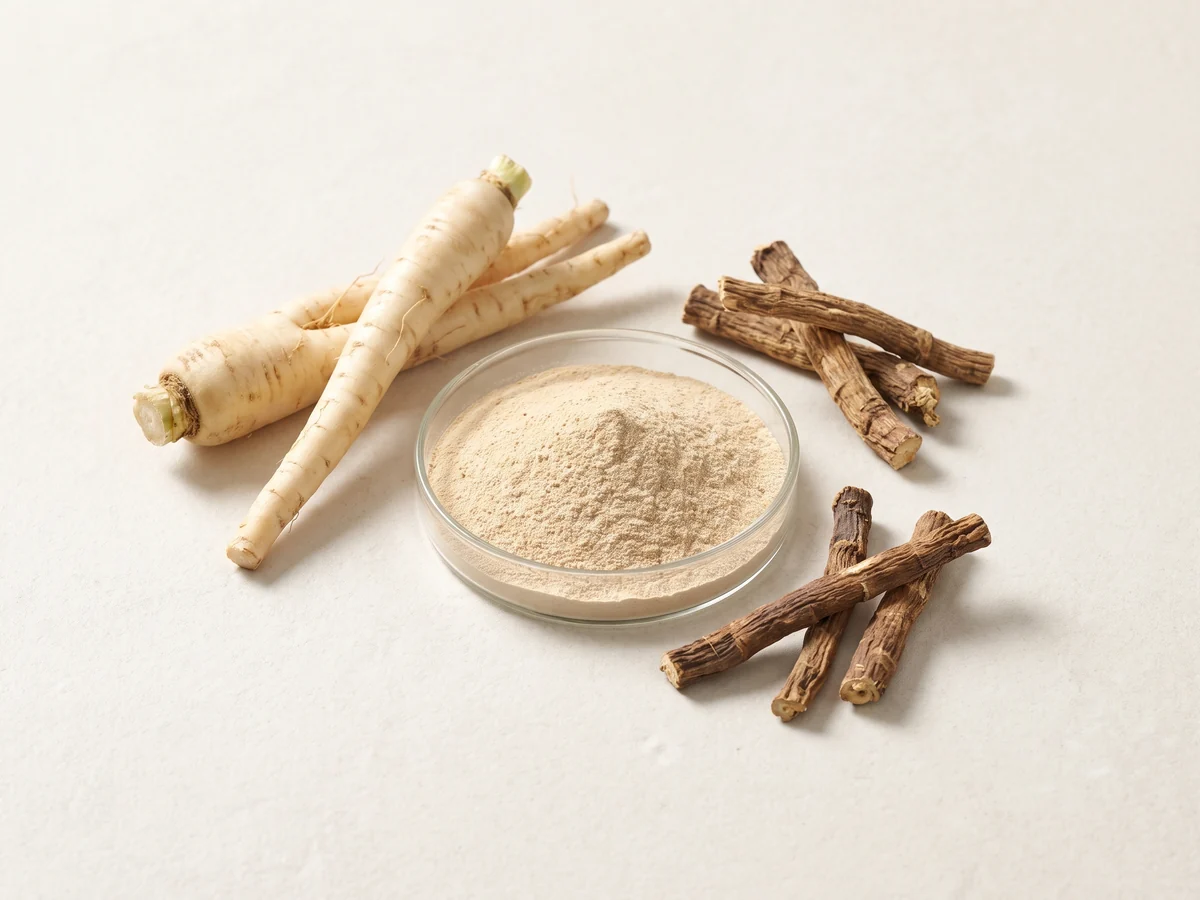 Fresh and dried chicory roots with fine light beige chicory-root extract powder
