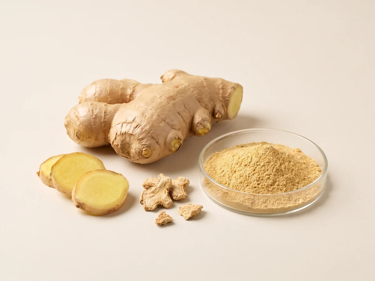 Fresh sliced and dried ginger with concentrated ginger extract powder