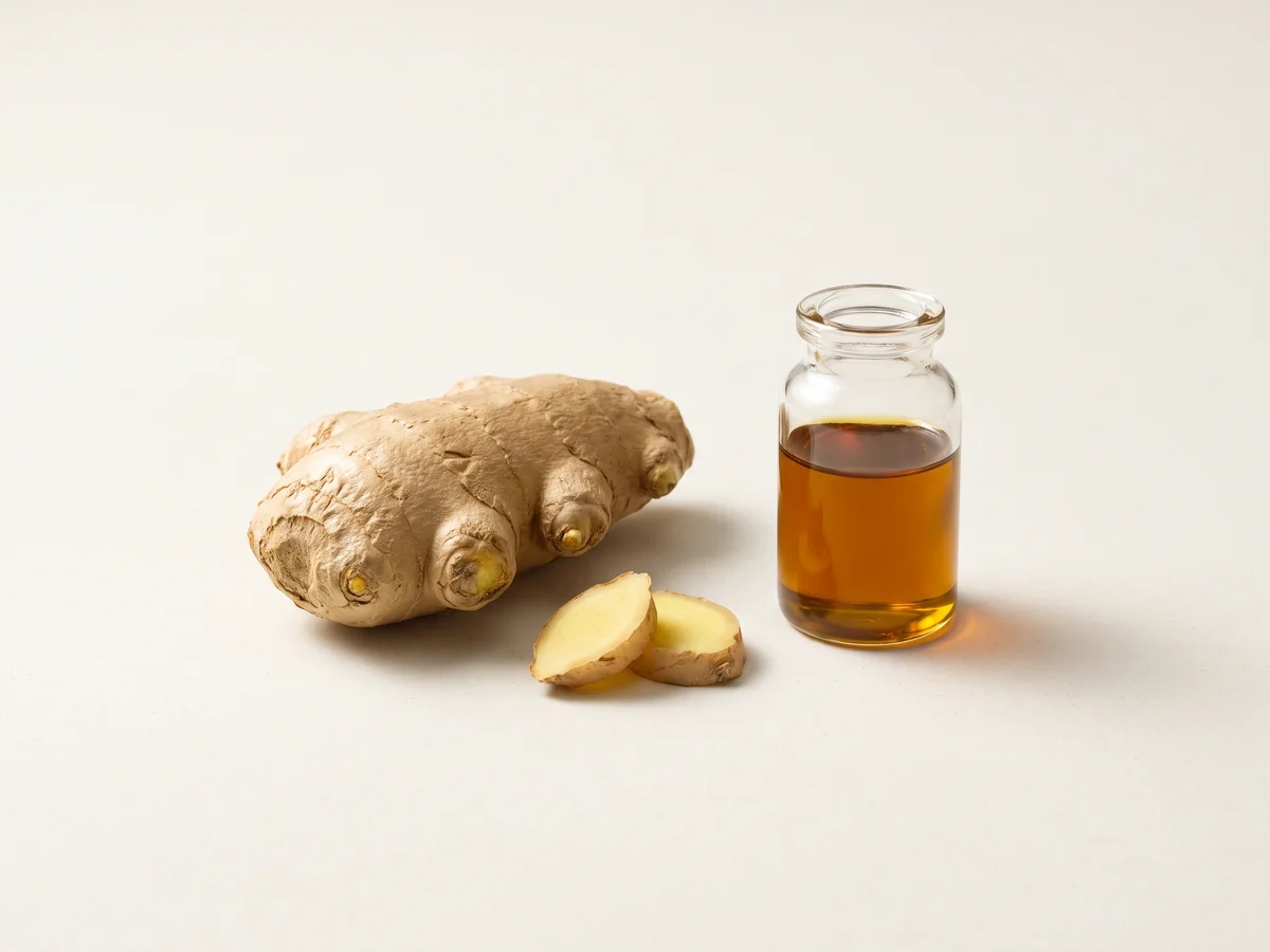 Fresh ginger beside a clear scientific vial of dark golden ginger oleoresin