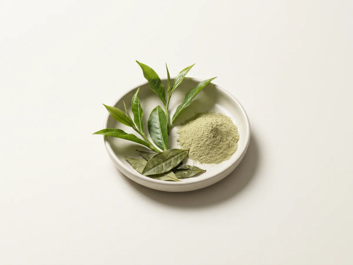 Fresh green tea leaves and dried tea with fine light green extract powder