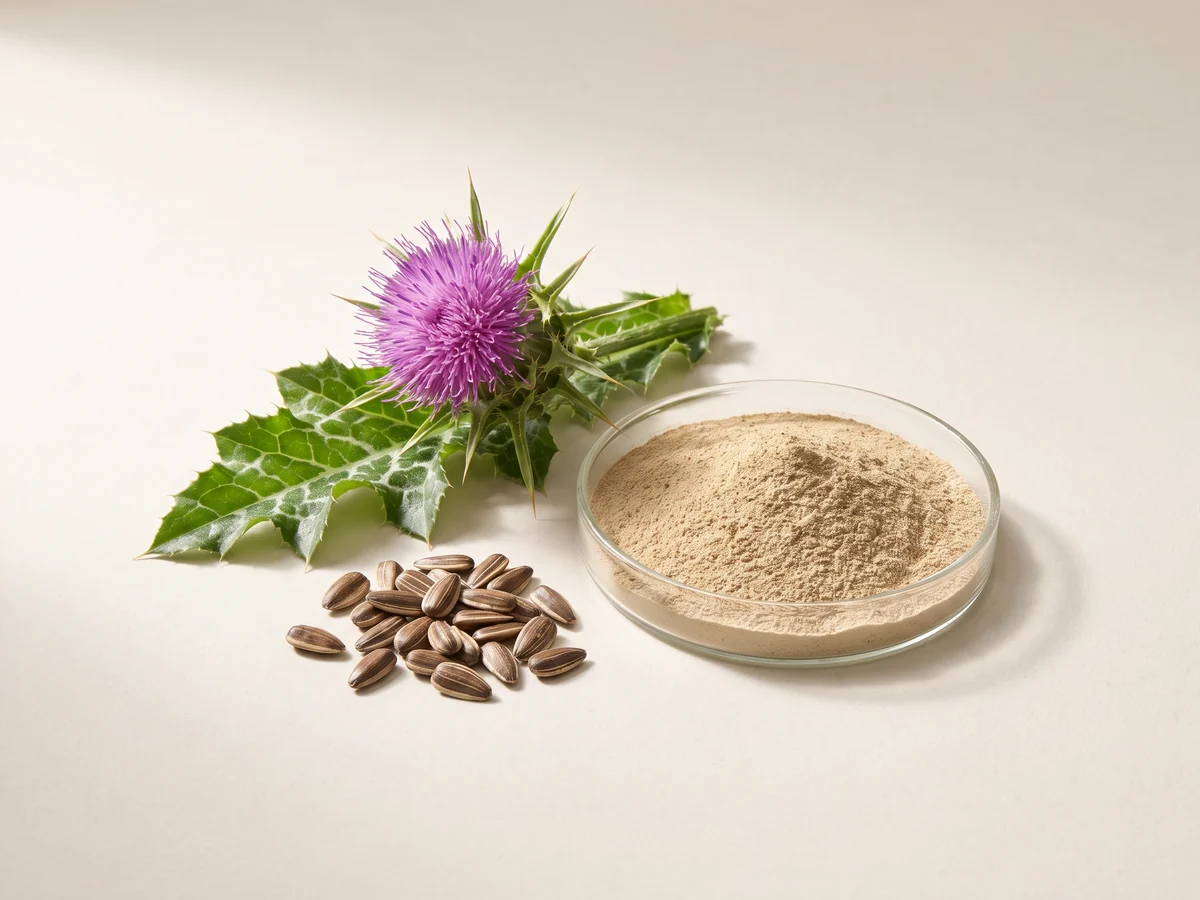 Purple milk thistle flower and seeds with beige extract powder