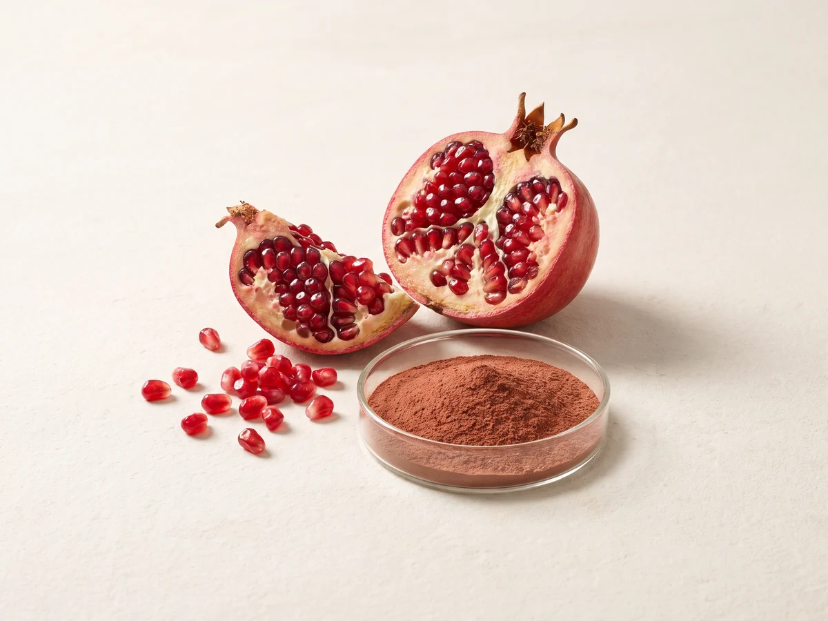 Fresh cut pomegranate, ruby arils and reddish-brown extract powder