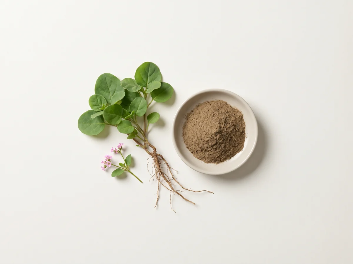 Punarnava plant with green leaves, small pink flowers and roots beside herbal extract powder