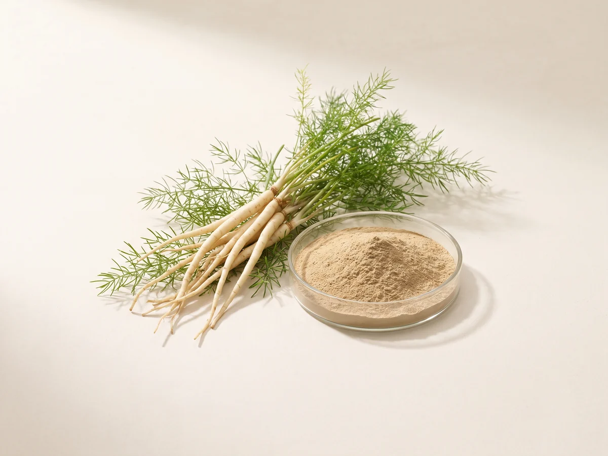Shatavari roots and fine green foliage with pale brown extract powder